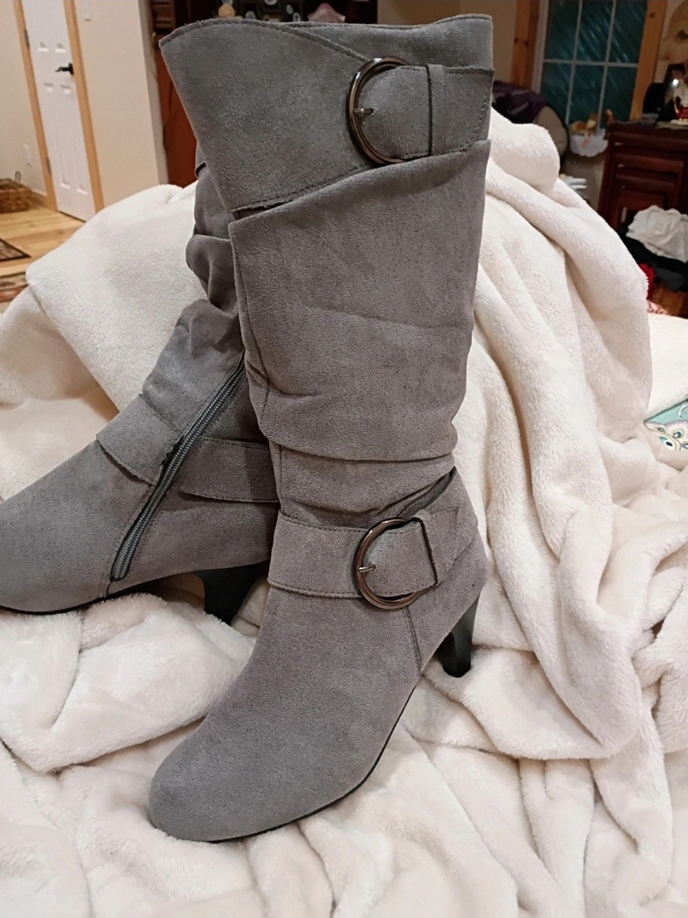 Women's Gray Suede Mid-Calf Buckle Boots